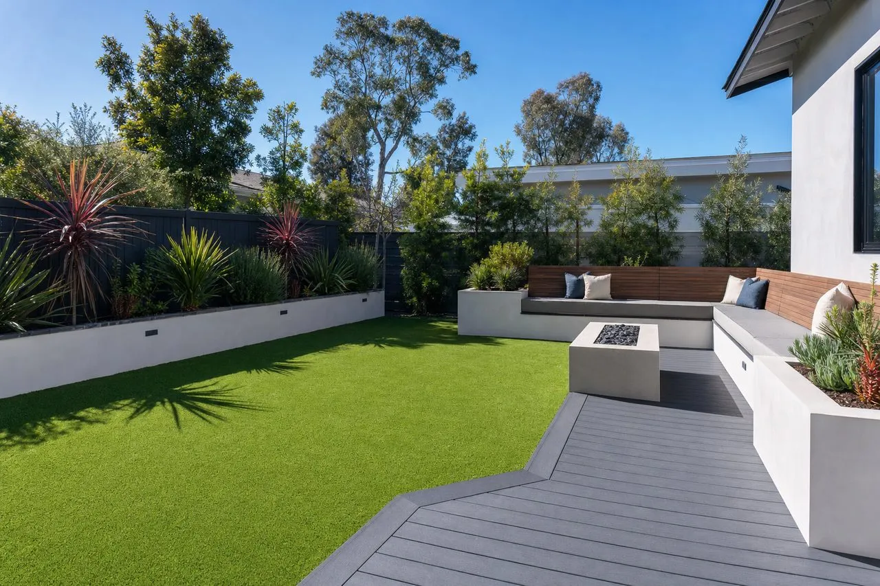 Artificial turf and deck backyard design inspiration