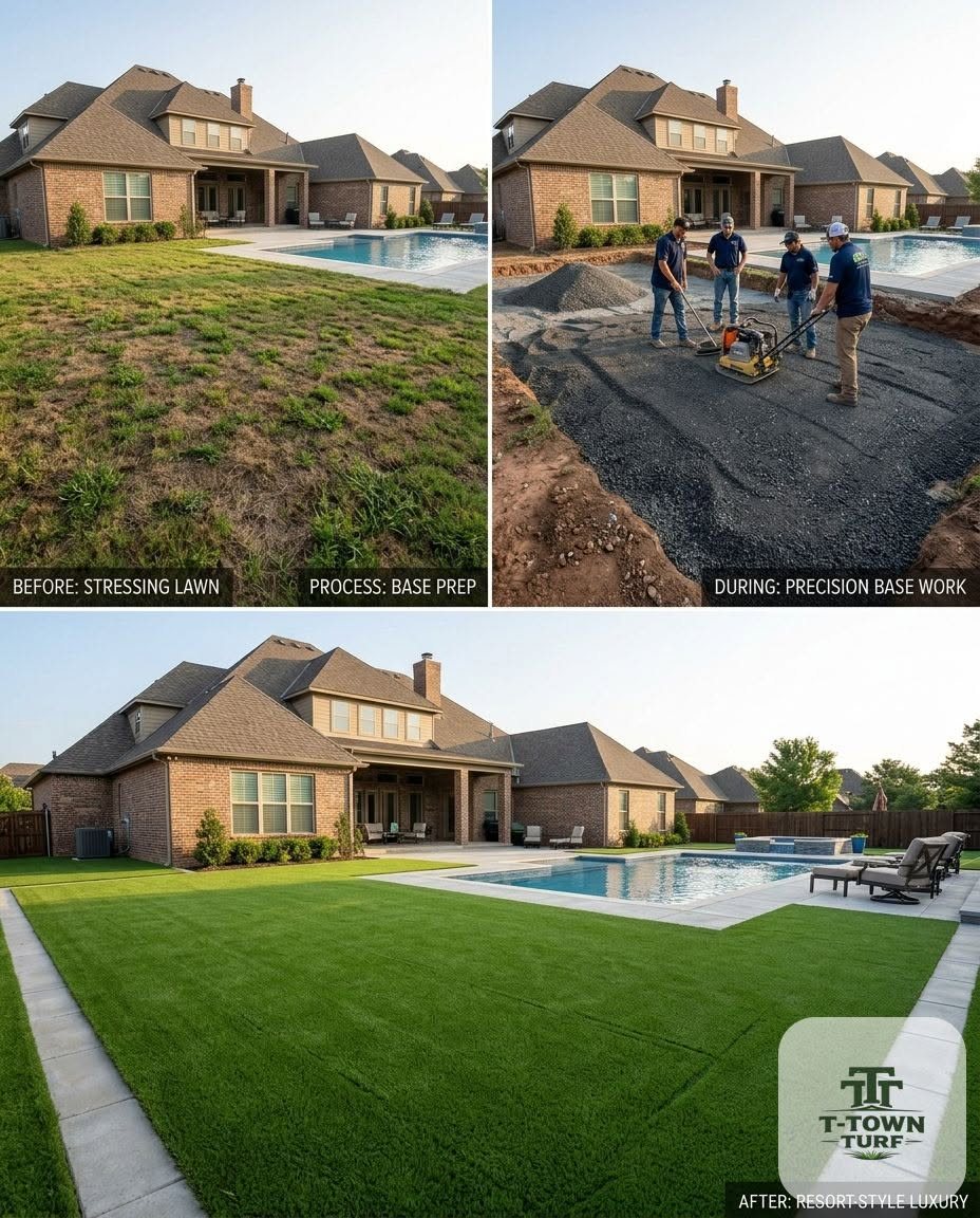 Before, during, and after of a T-Town Turf install: stressed lawn, crew compacting the base, and the finished resort-style yard