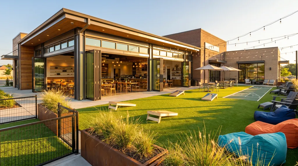 Restaurant and bar outdoor patio turf game and lounge zone concept in Tulsa by T-Town Turf
